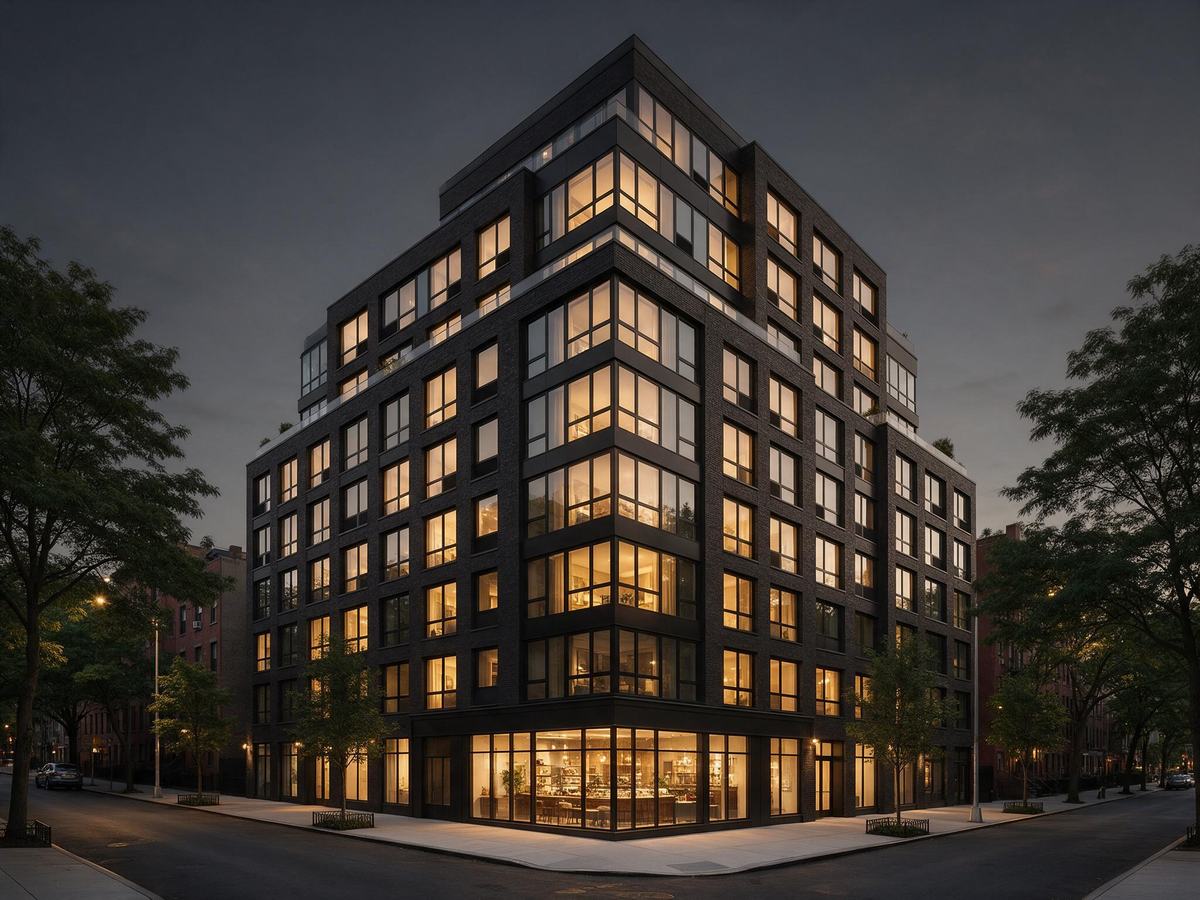 Apartment building at dusk with warm window lights